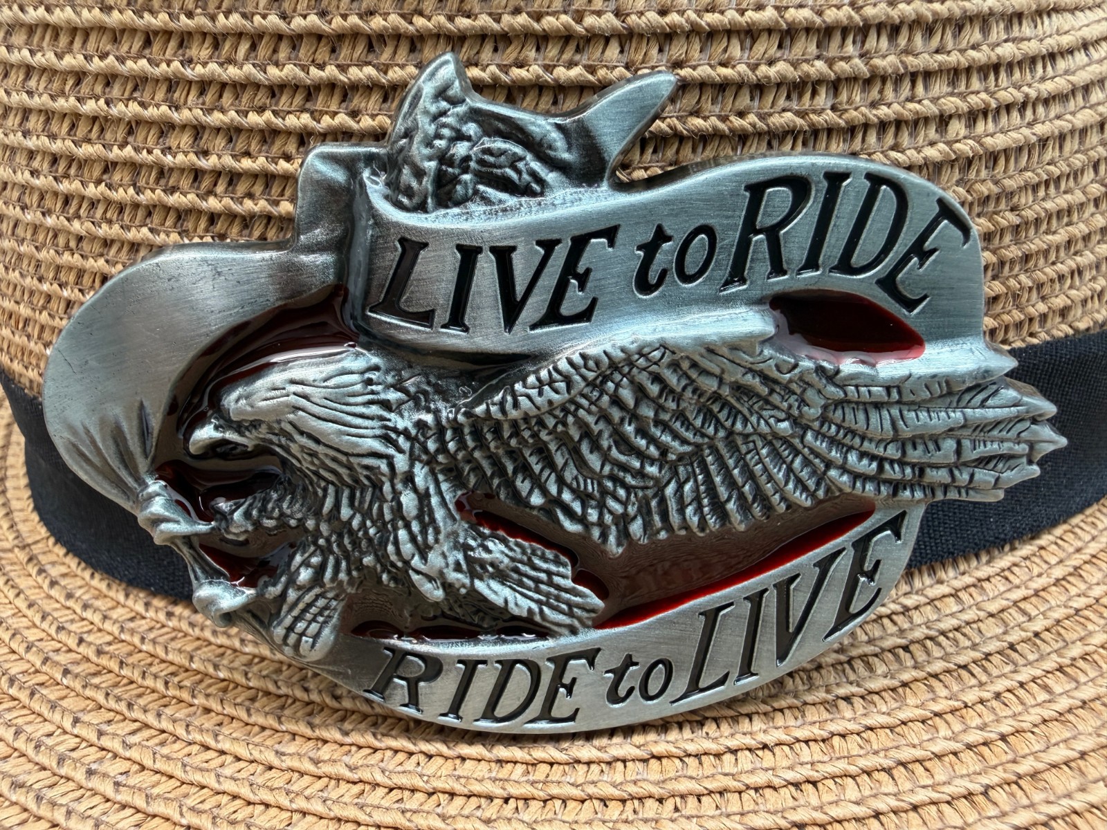 Antiqued Silver LIVE to RIDE, RIDE to Live Eagle Belt Buckle
