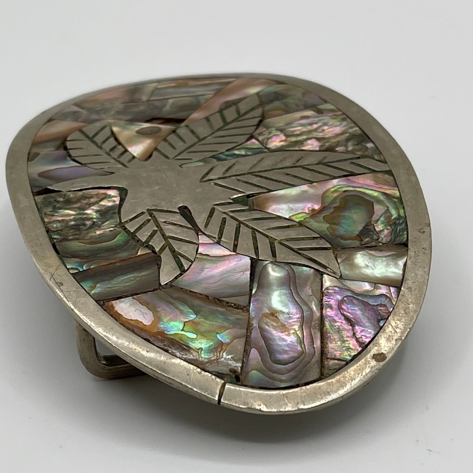 Vintage Mexico Abalone Shell Mosaic Leaf Belt Buckle Iridescent Oval Artisan