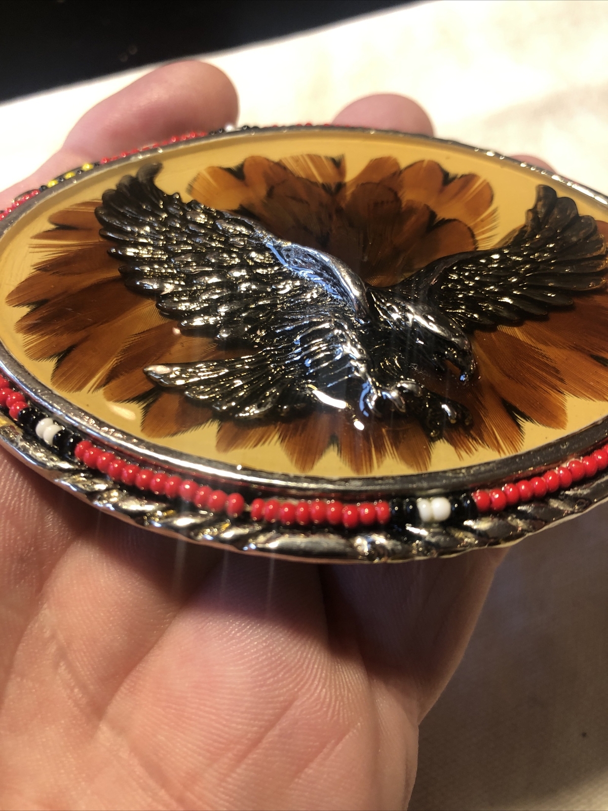 Vintage SSI Diamondback Rattler Eagle USA Belt Buckle Eagle Feathers Beads
