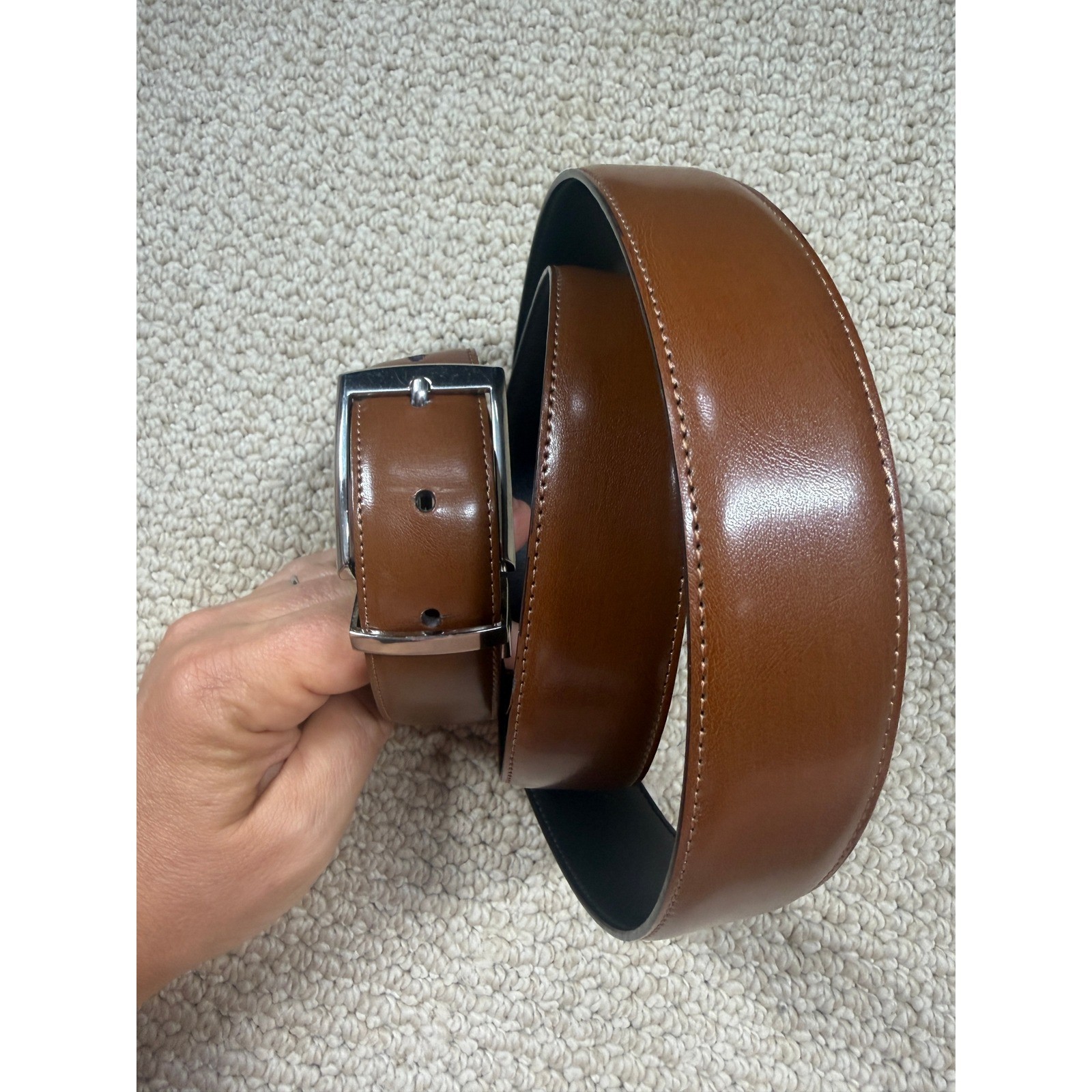Perry Ellis Reversible Leather Belt Brown Black Silver Buckle Mens 42