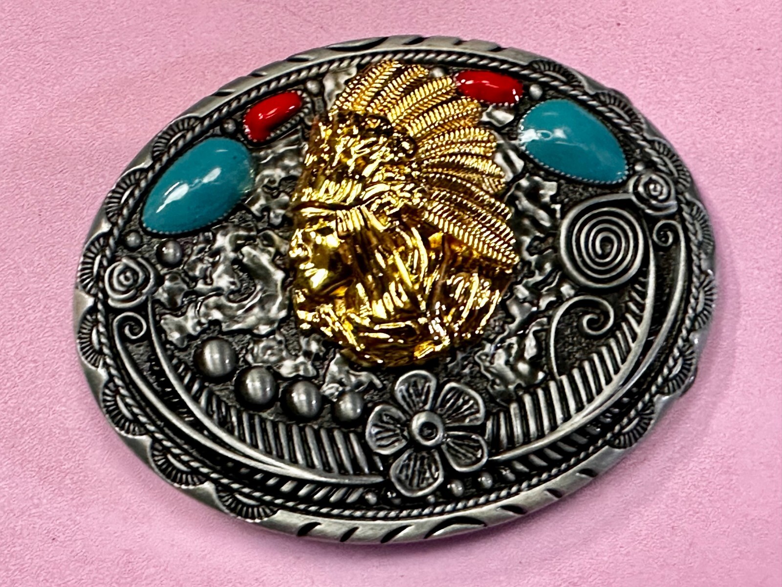 Native American Indian Chief in Head Dress Faux Turquoise & Coral Belt Buckle