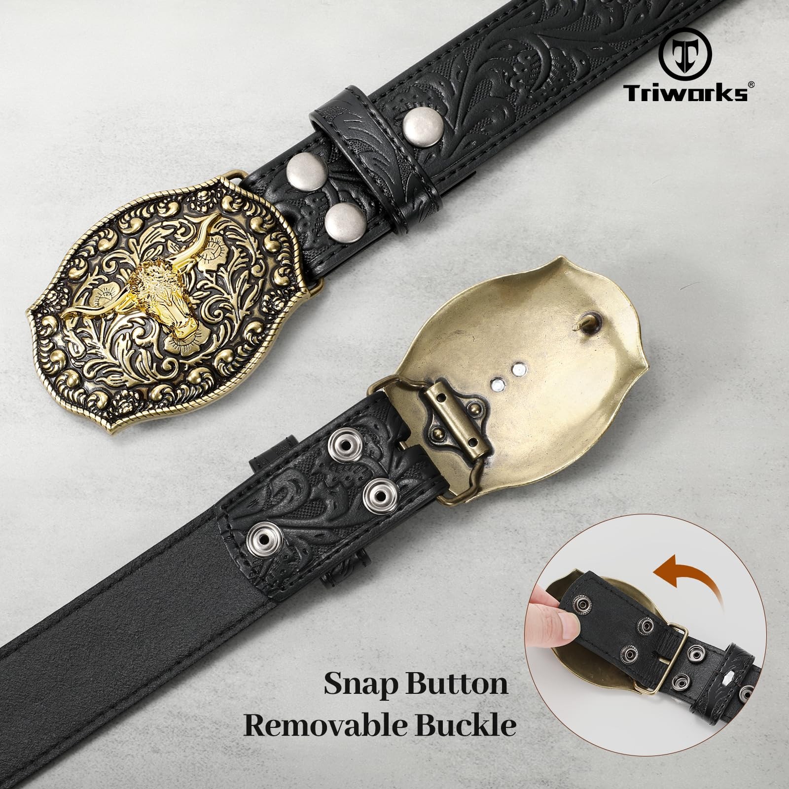 TRIWORKS Mens Western Cowboy Belt – Cowgirl Fit Size 34&Prime;-37&Prime;, Black