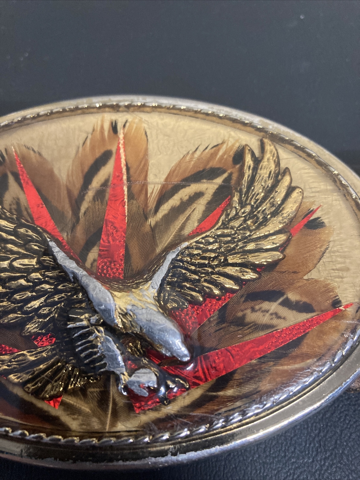 Vintage Belt Buckle Eagle Feathers Gold Resin with belt size 32