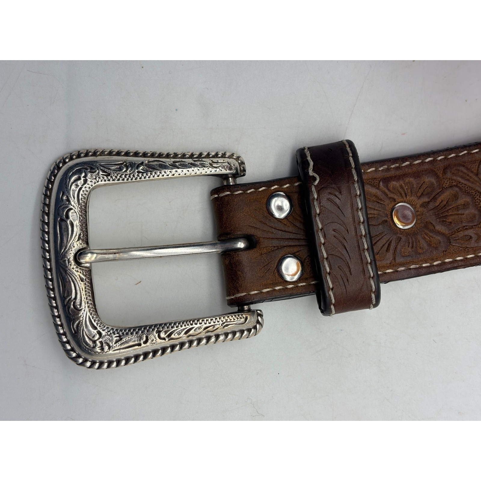 Nocona Western Leather Belt Embroidered Brown Silver Buckle 38