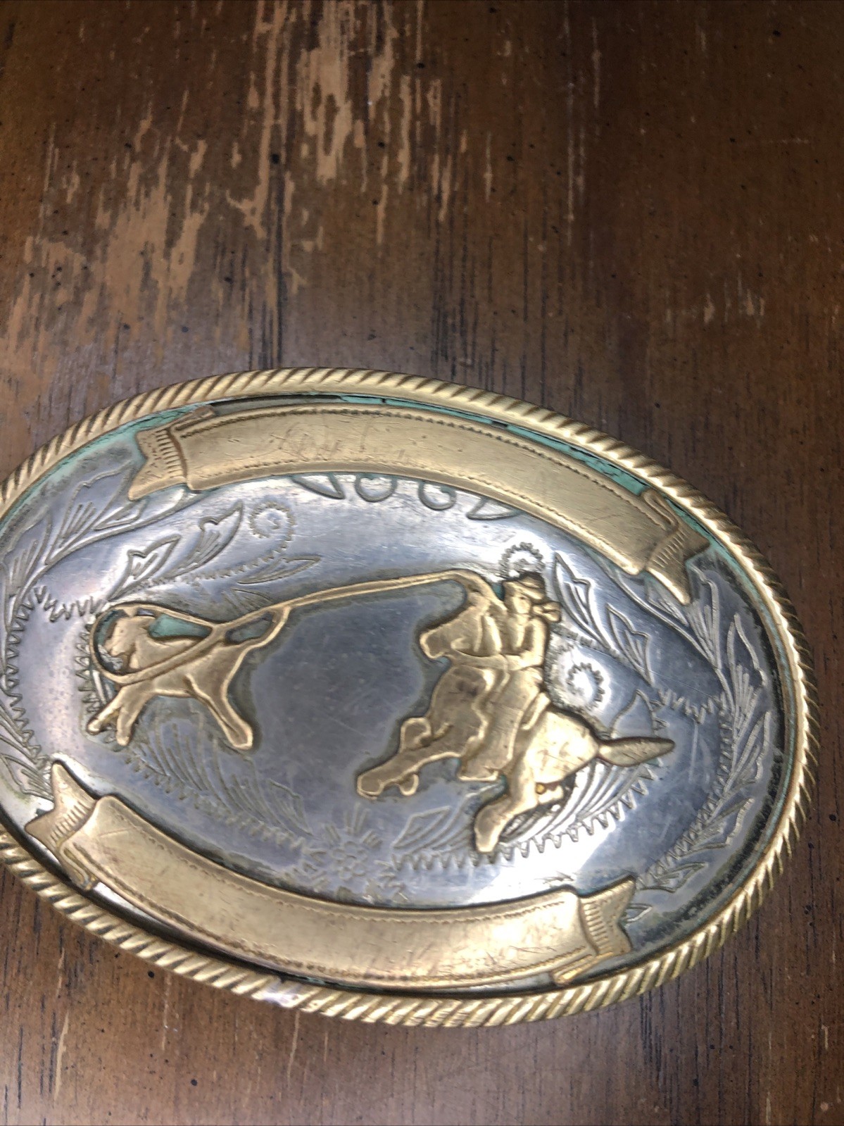 Vintage German Nickel Silver Calf Roping Rodeo Belt Buckle w/ Blank Ribbons