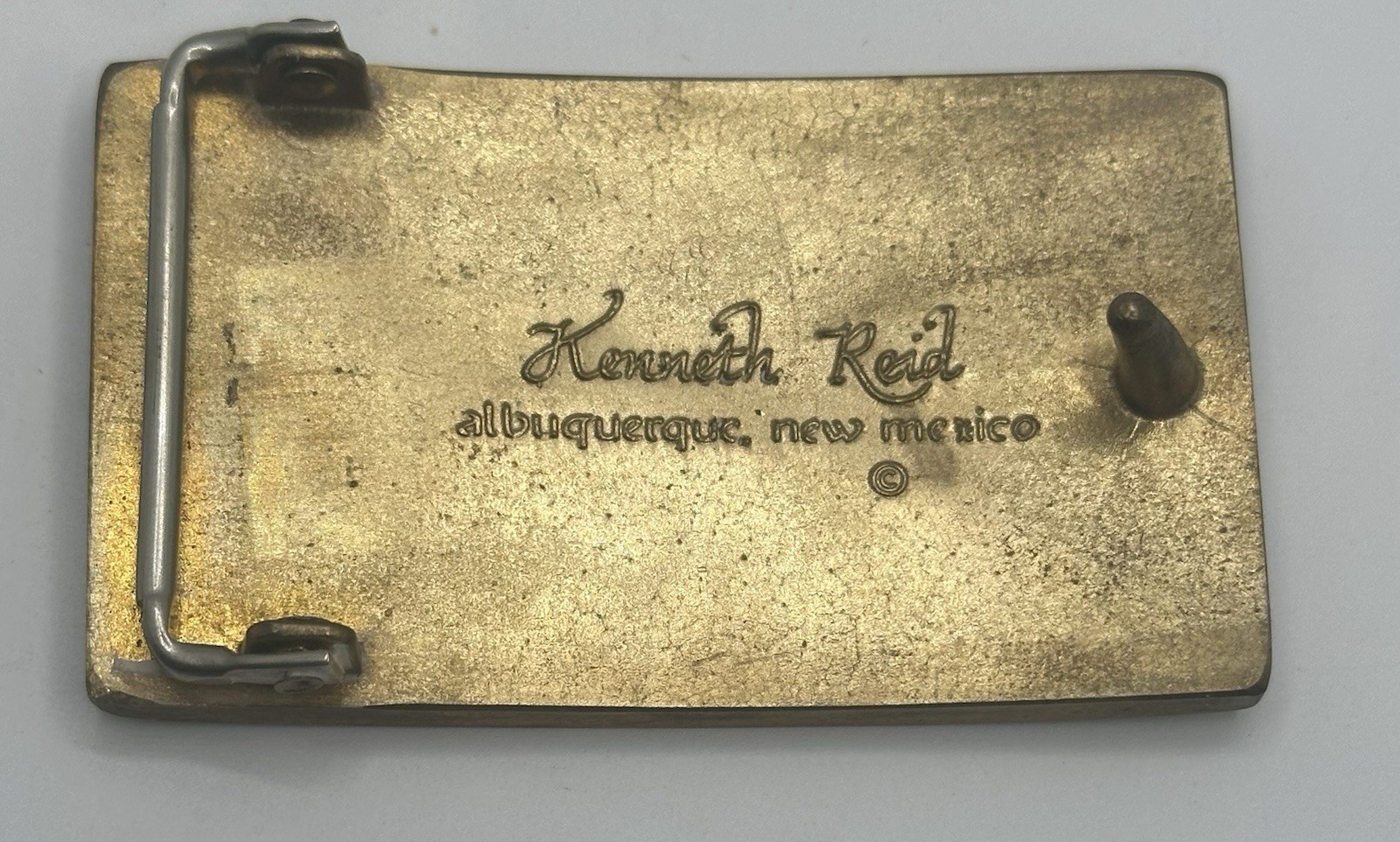 Kenneth Reid Albuquerque NM Wood Inlay Brass Western Belt Buckle 1.5in