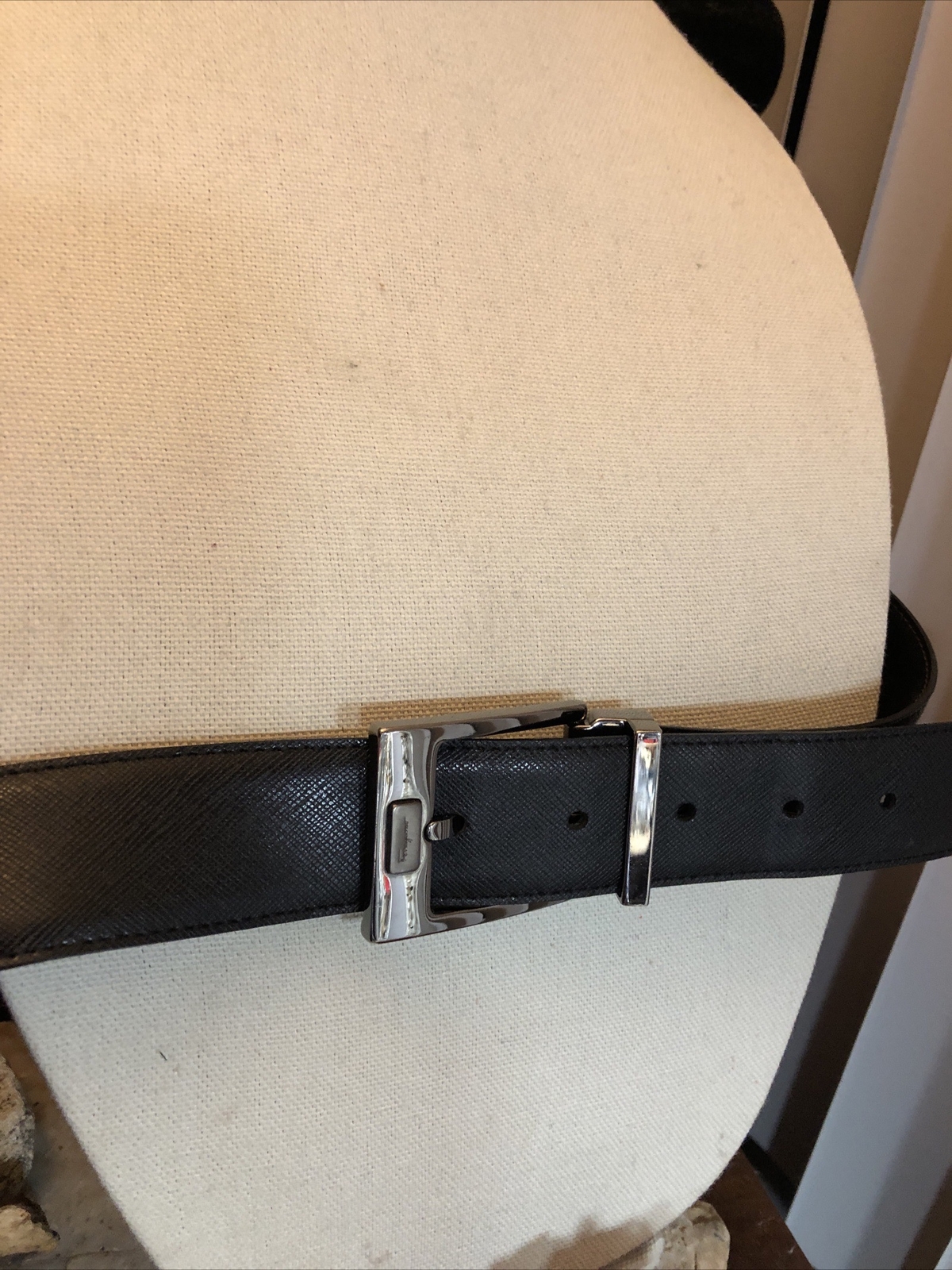 Salvatore Ferragamo Gun Metal tone Rectangle Buckle black leather belt