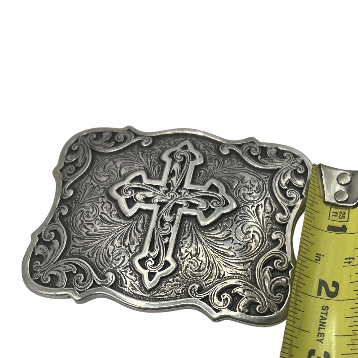 SILVER CROSS Filigree vintage metal belt buckle iconic faith religious