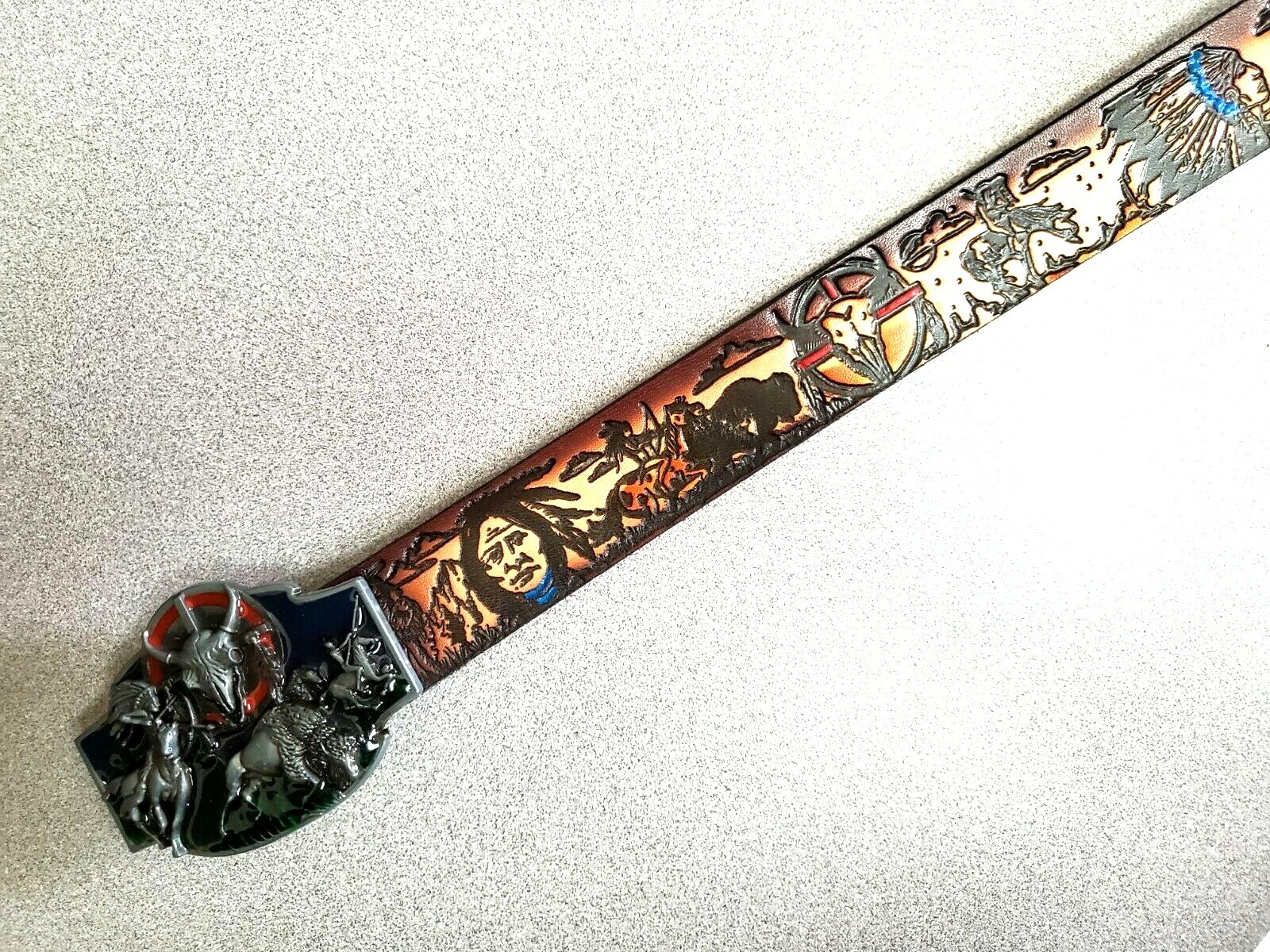 INDIAN NATIVE AMERICAN Genuine Leather Belt & Matching Epoxy Buckle – NEW!
