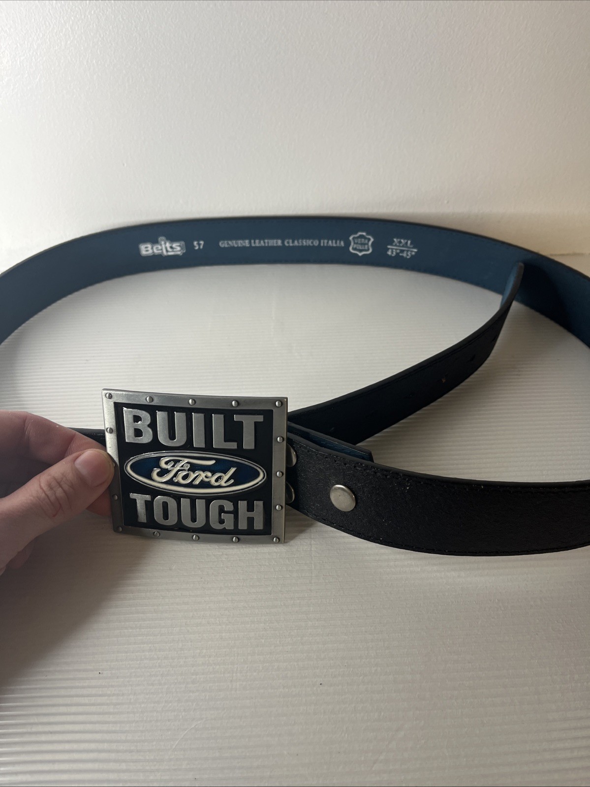 Ford Logo Built Tough Belt Buckle With Black VERA PELLE Leather XXL 43 – 45 Inch