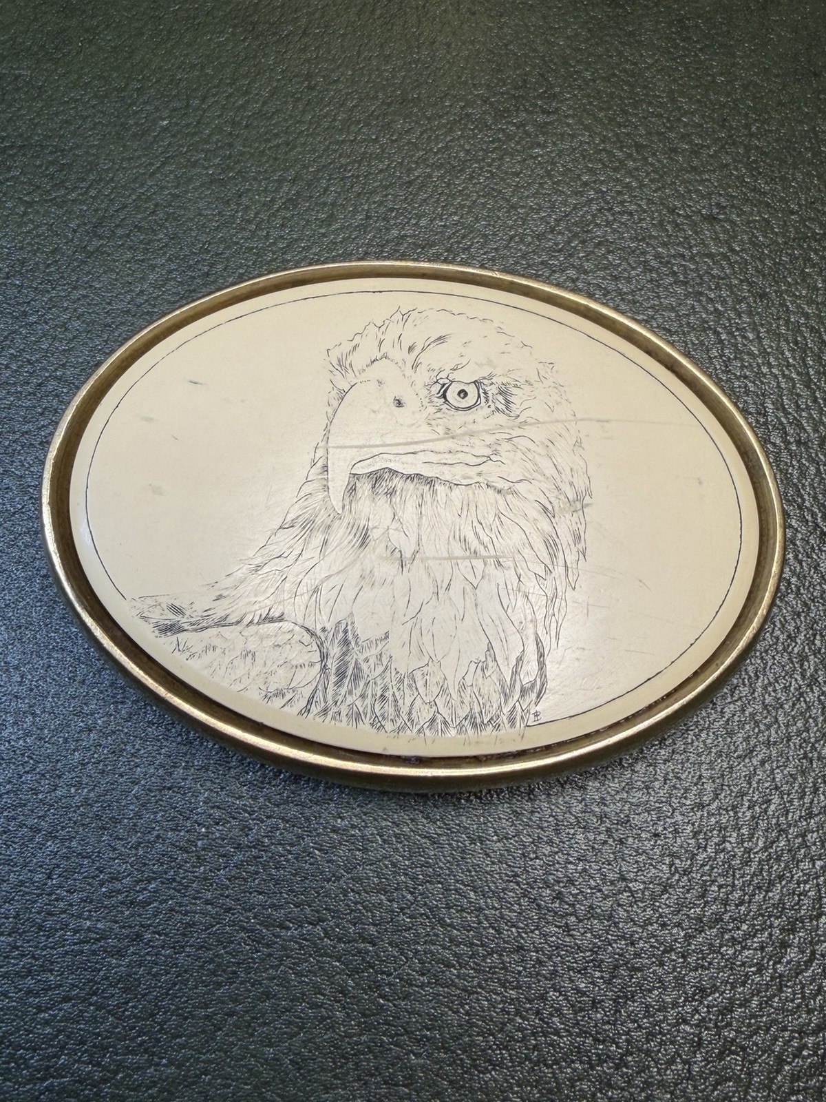 Vintage BARLOW Solid Brass Belt Buckle Bald Eagle Scrimshaw Style Southwestern