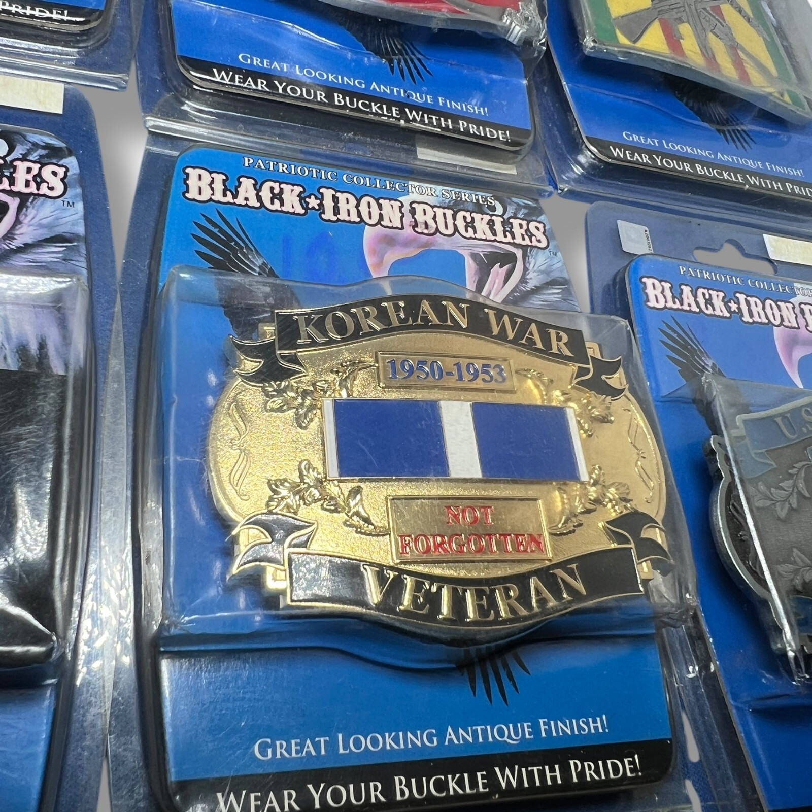 Lot of 10 Black Iron Buckles Patriotic Collector Series Military Army Veteran US