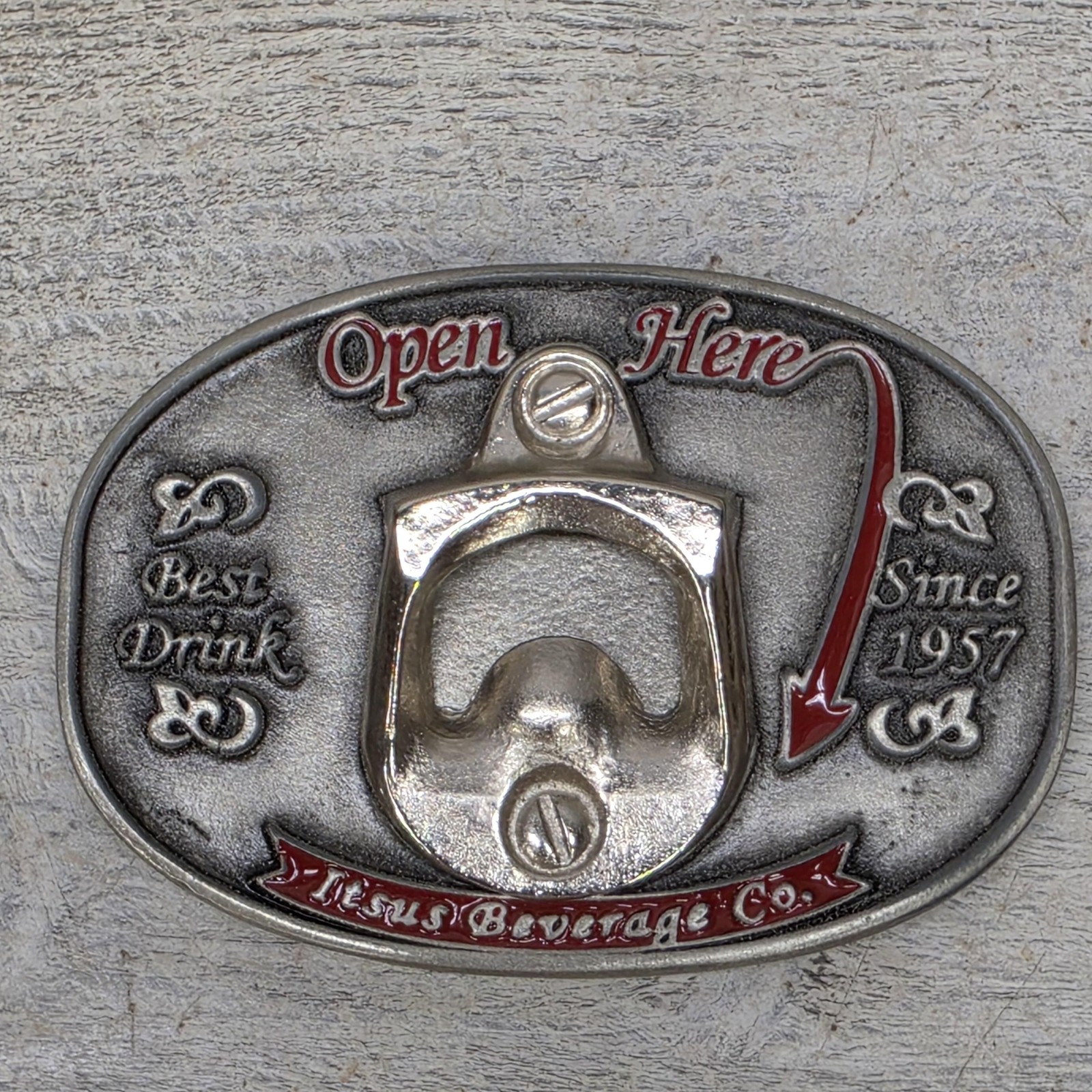 Jesus Beverage Co Belt Buckle Mens Silver Western Bottle Opener Logo Novelty