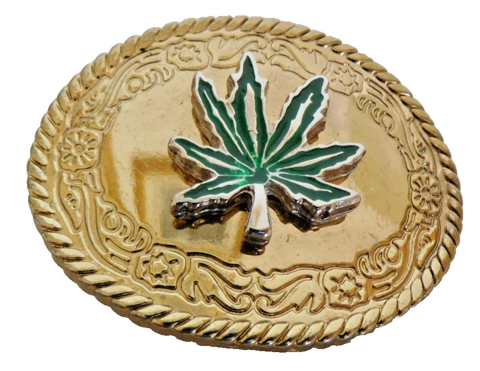 Cannabis Pot Leaf Buds Green & Black Enameled Belt Buckle Brand New. 2 inch