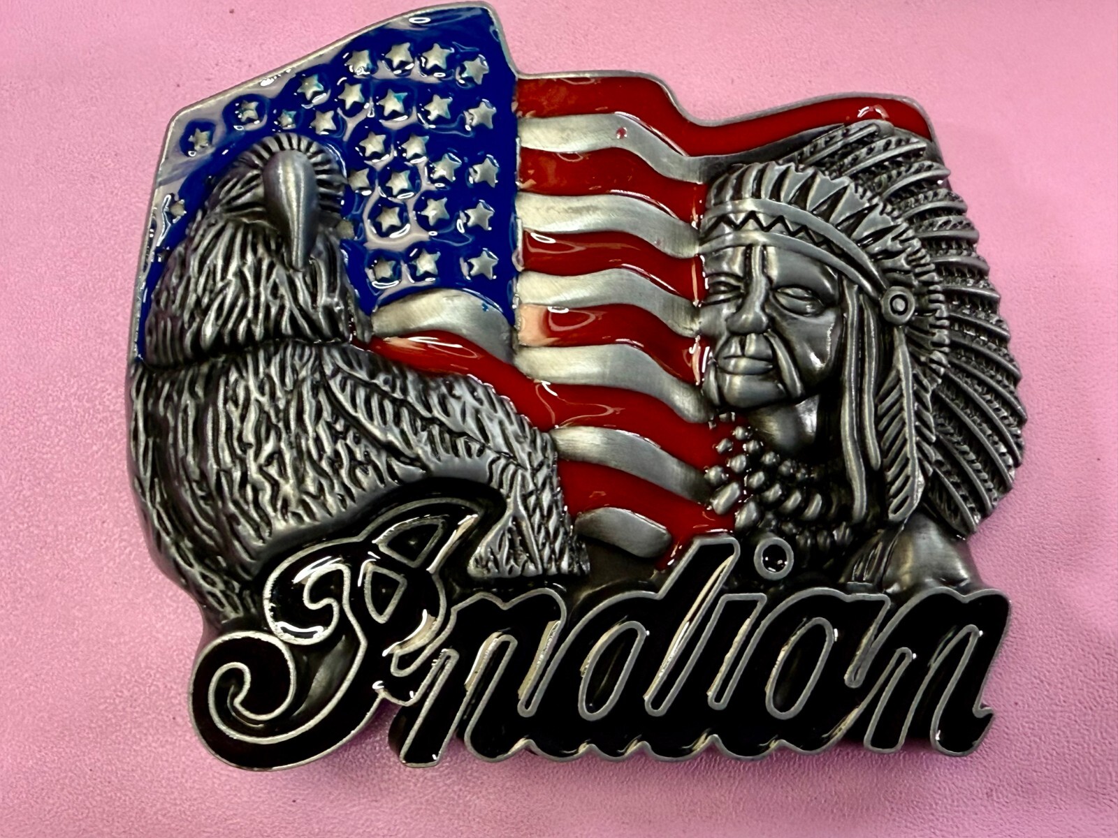 Native American Indian Commemorative Cutout New Belt Buckle – Eagle & USA Flag