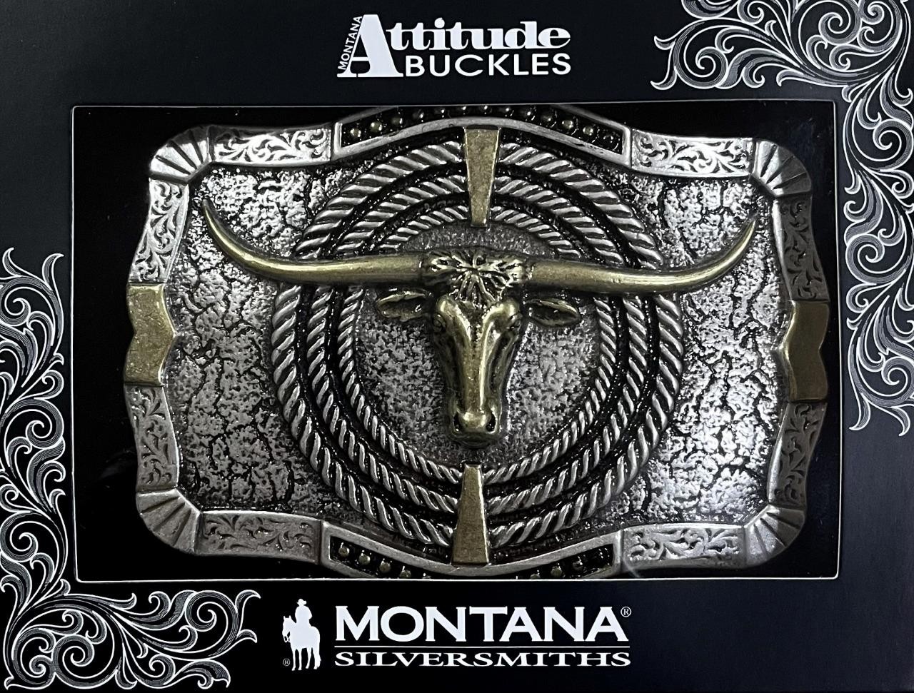 Montana Silversmiths Attitude Ropin&rsquo; Ready Longhorn Western Belt Buckle