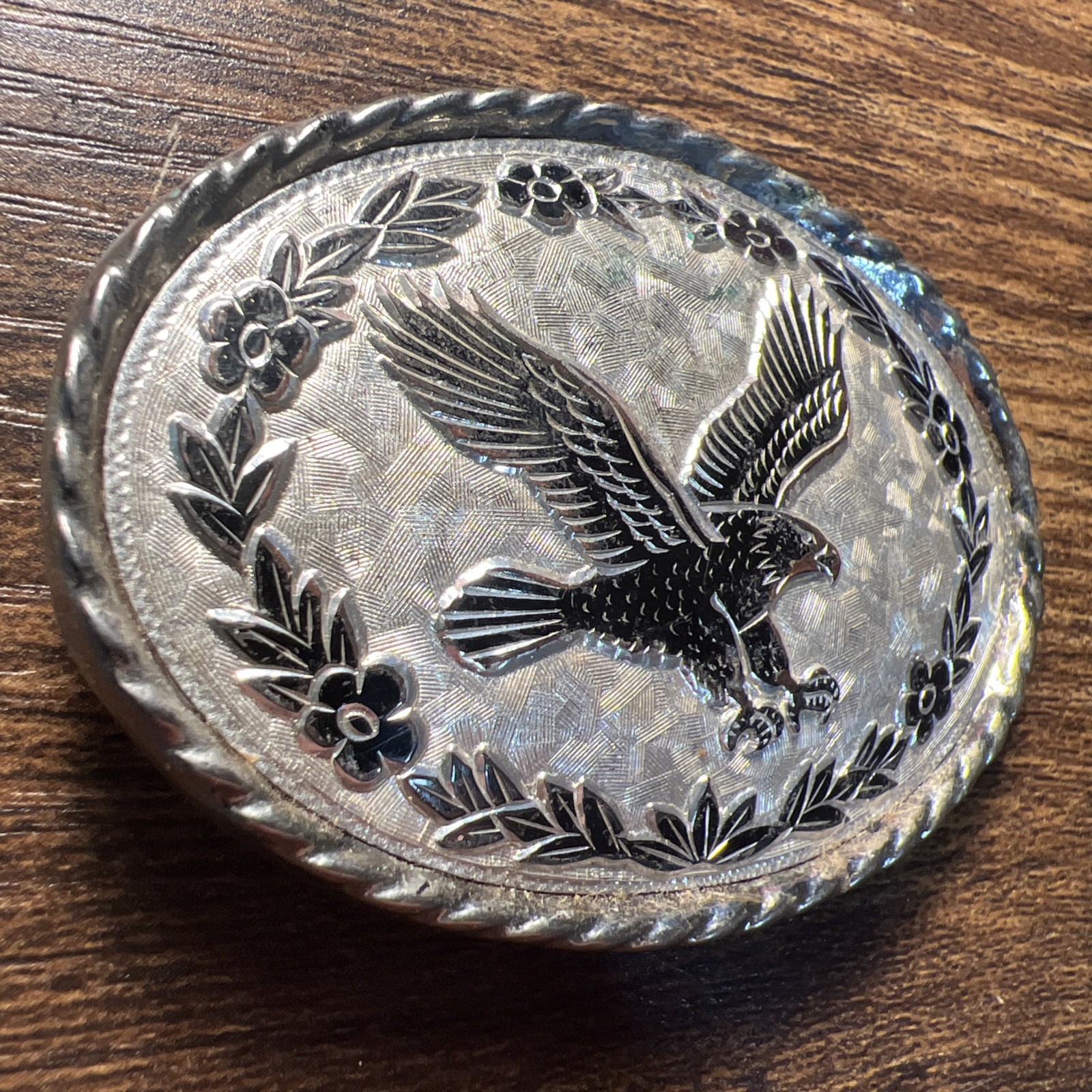 Vintage American Flying Eagle Oval Belt Buckle Etched Leaf USA Made Silver Tone