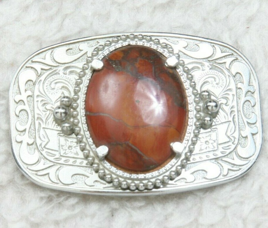 Vintage Silver Belt Buckle Metal Paisley Design Brown Stone Decorative BB11