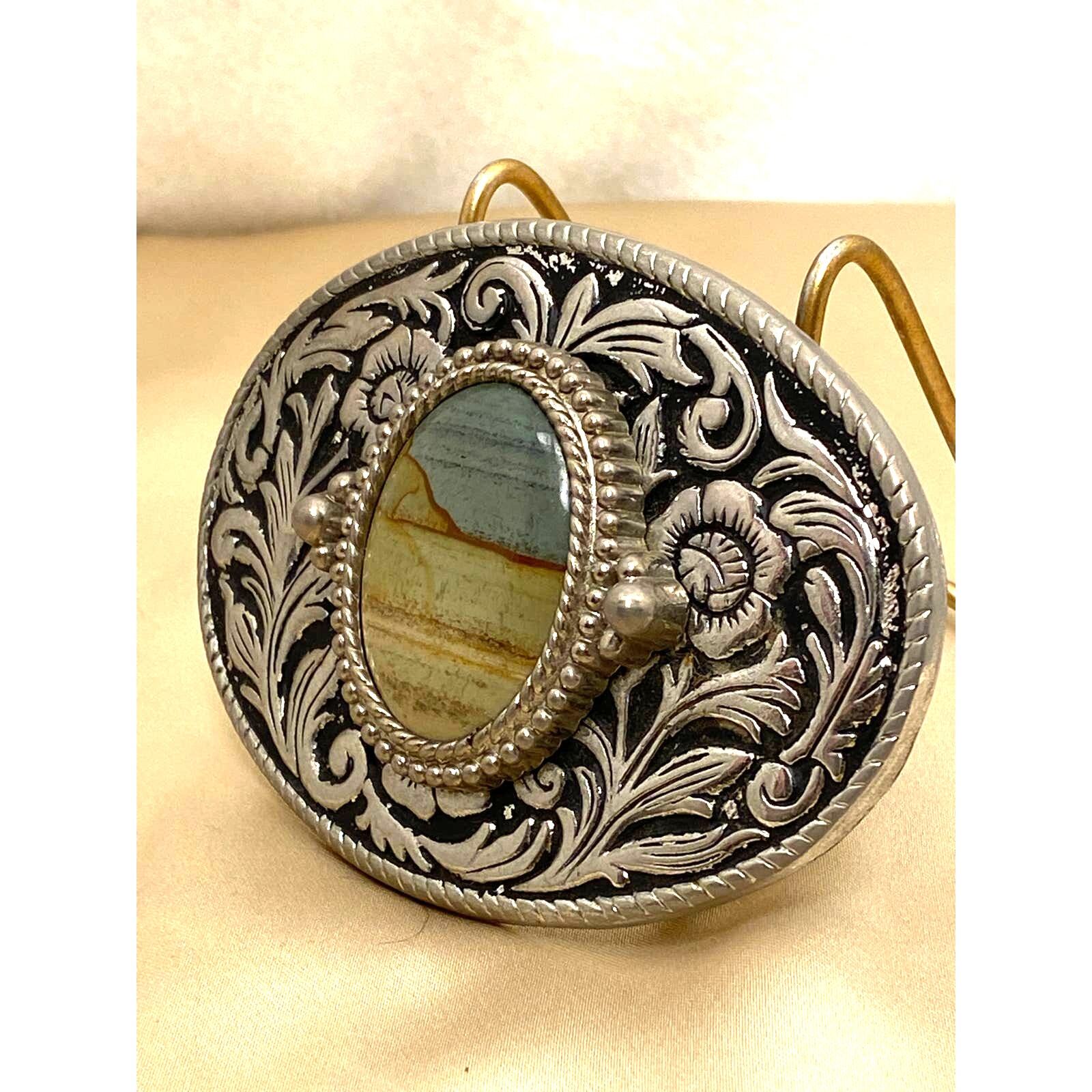 Vintage Silver Belt Buckle with Blue/Brown Natural Stone. Floral/Leaf Design