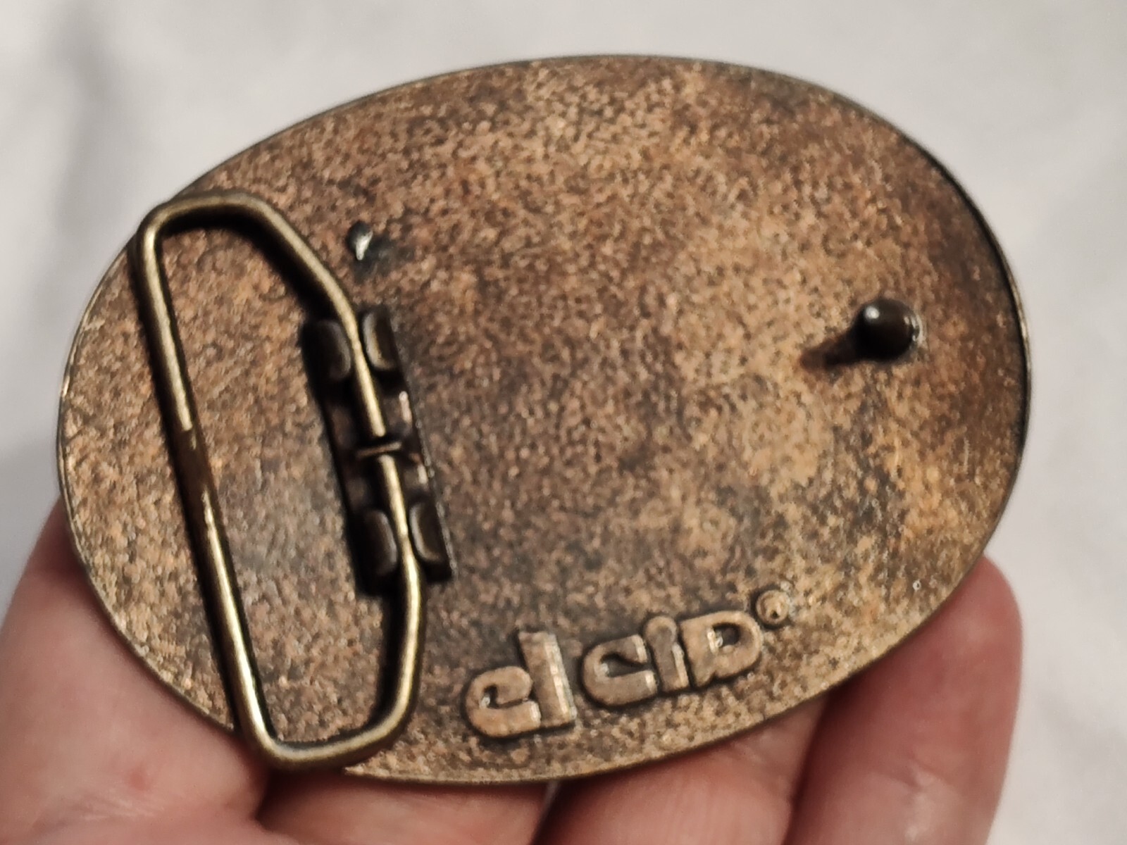 Belt Buckle Cast Brass Dyed Embossed Leather El Cid Logo Triangle Oval 2.5X3.25
