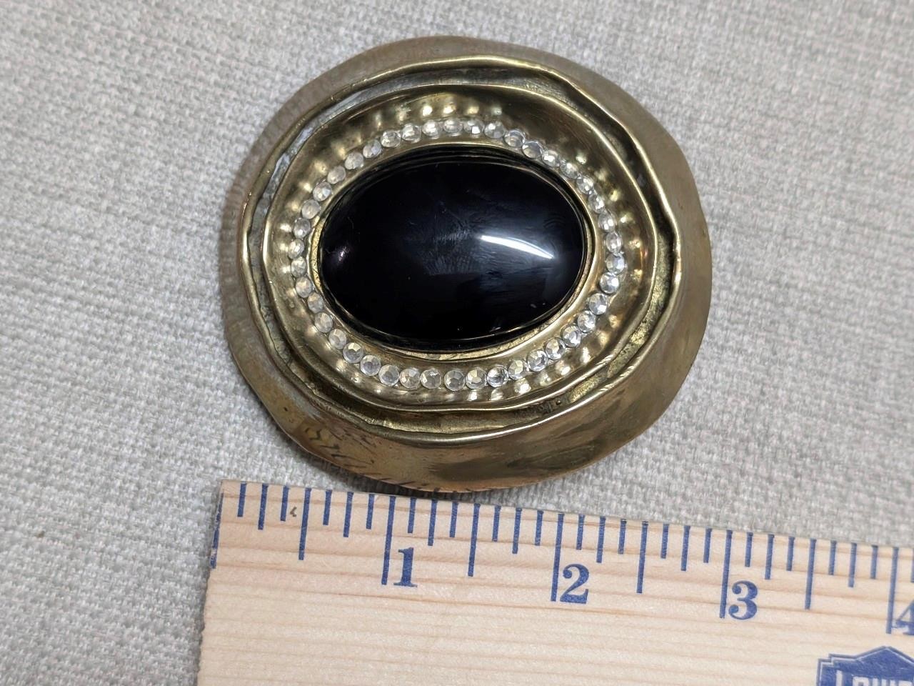vintage HANDCRAFTED belt buckle ONYX gemstone SIGNED bronze brass BRUTALIST glam
