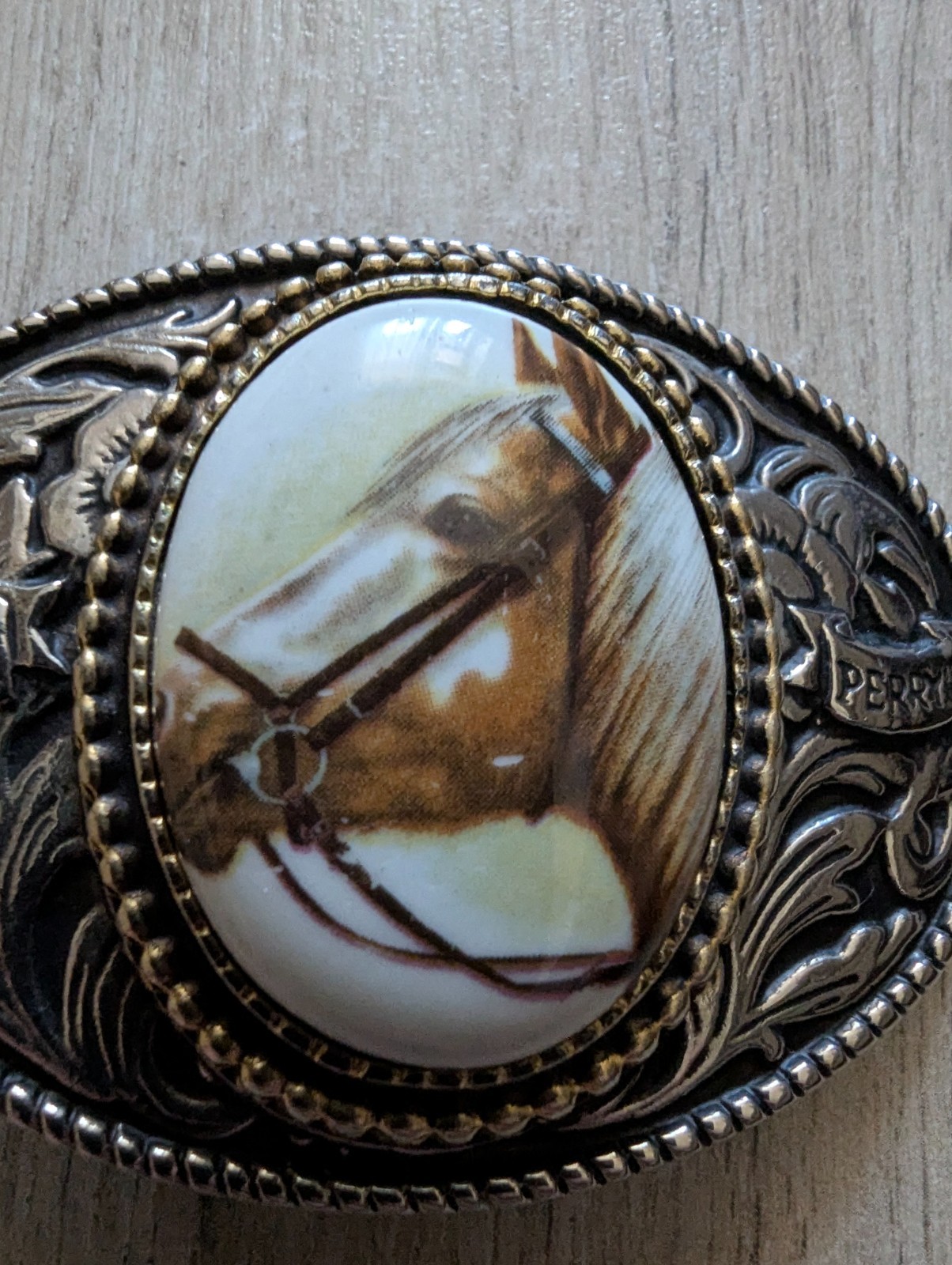 Vintage Perry’s Western Cowboy Belt Buckle Horse Head Rodeo USA Silver Tone