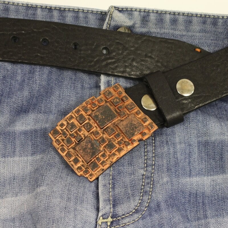 Rustic Copper Belt Buckle With Geometric Relief Design For Jeans