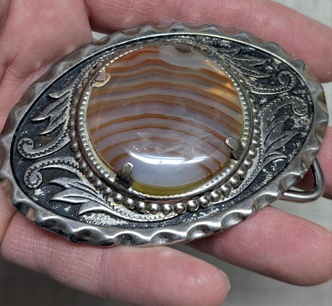 vintage AGATE belt buckle SOUTHWESTERN cowboy POLISHED STONE gemstone rock