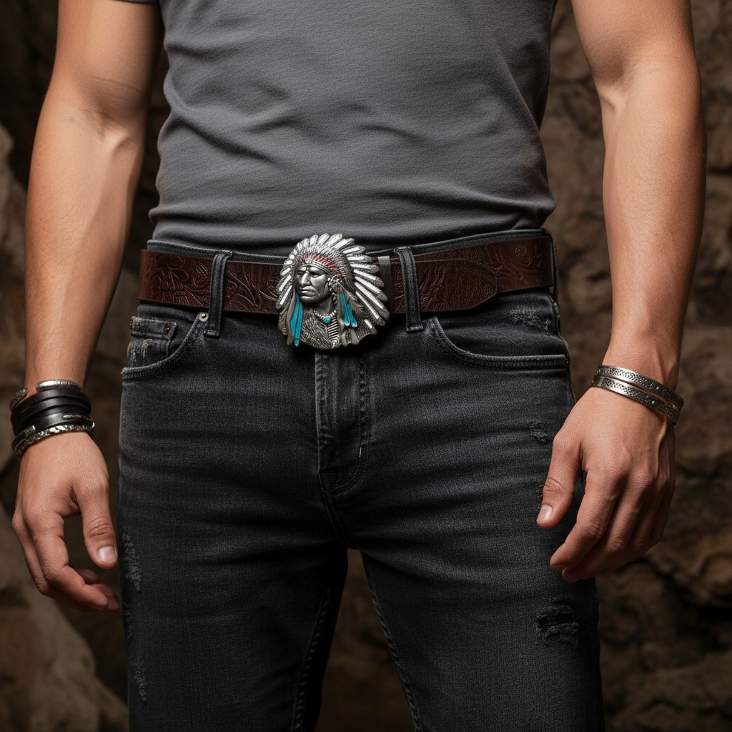 Men Silver Metal Western Fashion Belt Buckle Cowboy Native American Indian Face