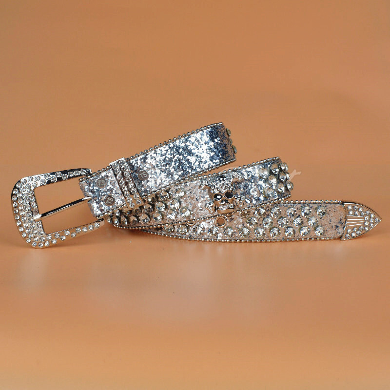 Skull Western Crystal Studded Belt Cowgirl Cowboy Rhinestone Belt For Women Men