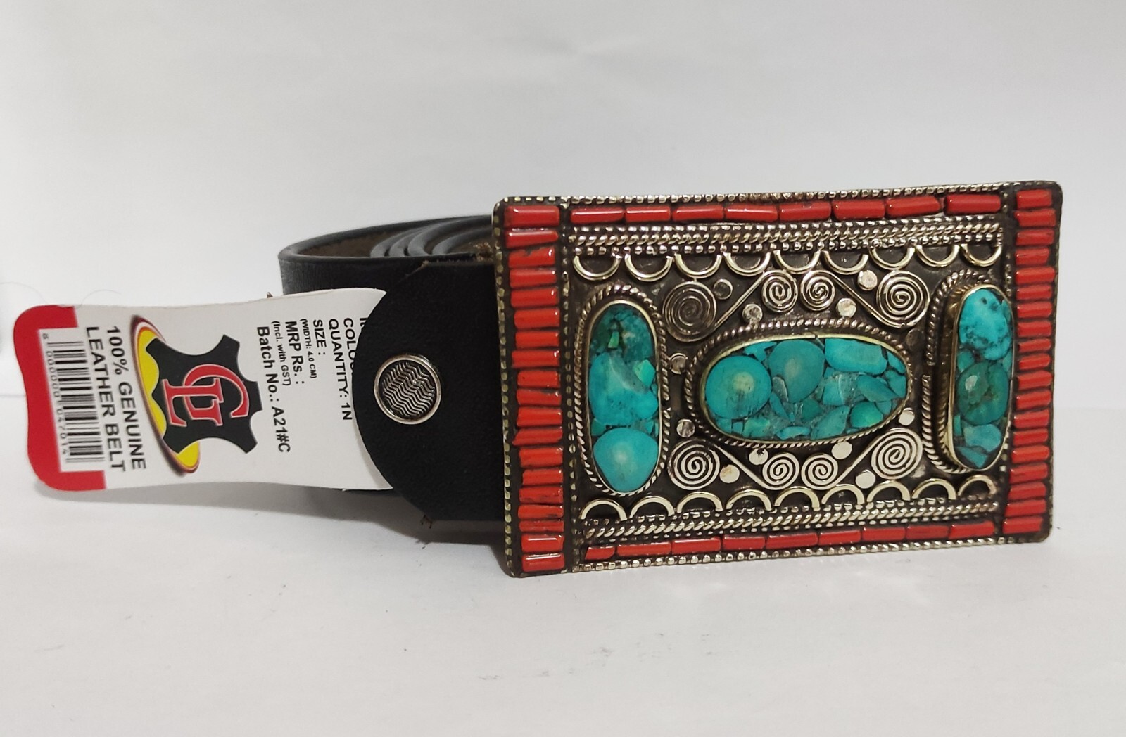 Tibetan Silver Belt Buckle Leather waist trap Turquoise Coral Clasp, BA4