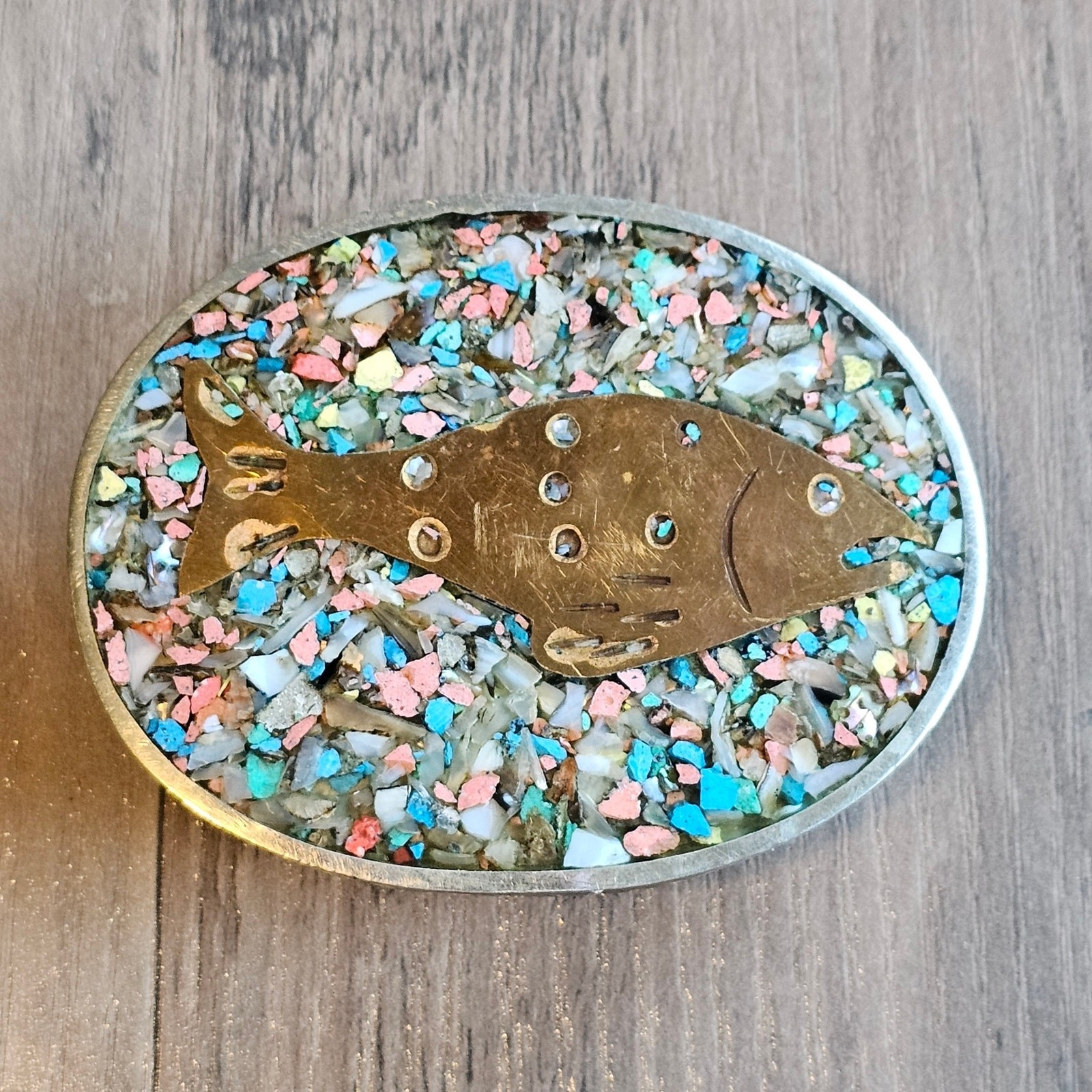 Vintage Alpaca Silver Fish Belt Buckle with Crushed Stone Inlay