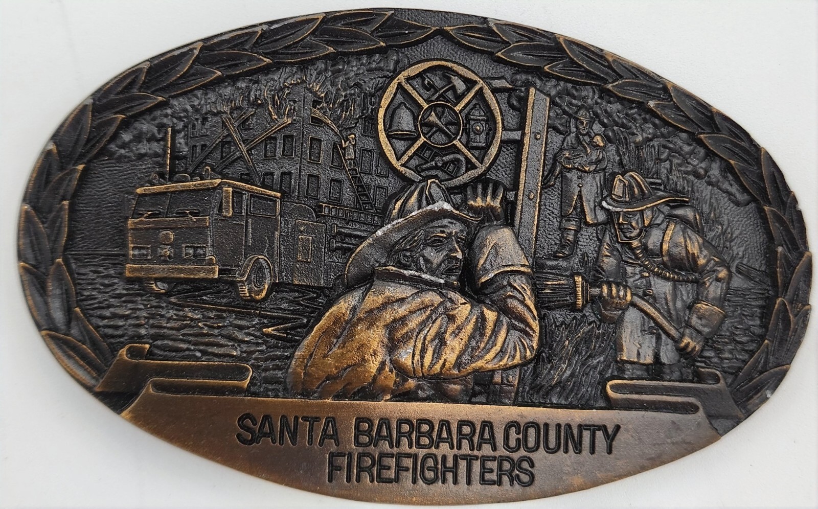 1983 Hume And Sons Bronze Santa Barbara County Fire Fighters Belt Buckle.