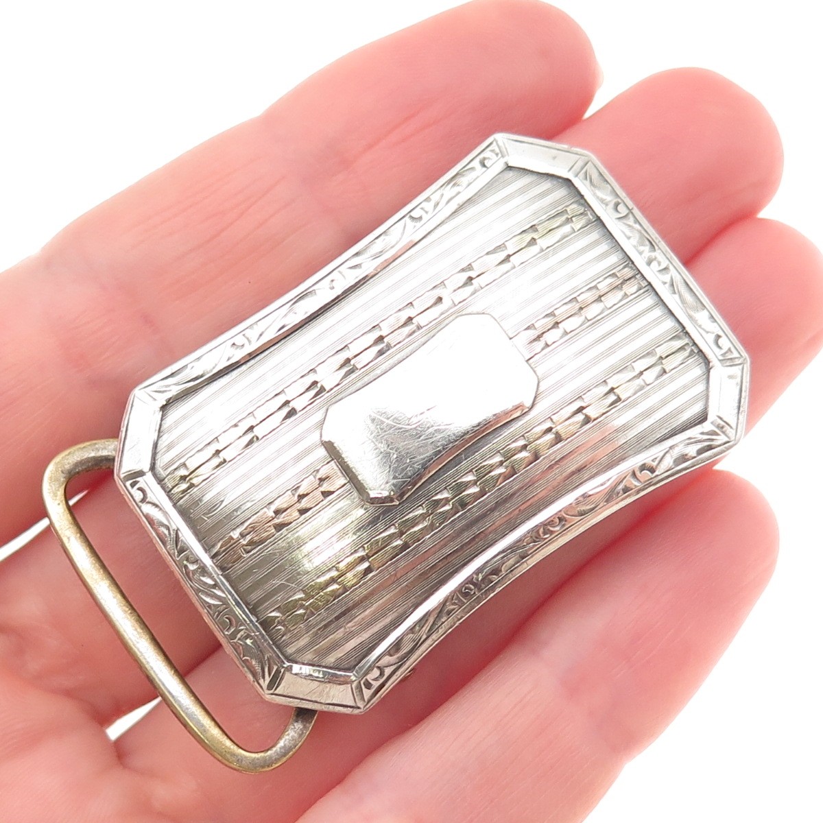 MARSH 925 Sterling Silver & Gold Antique Art Deco 1917 Engraved Belt Buckle