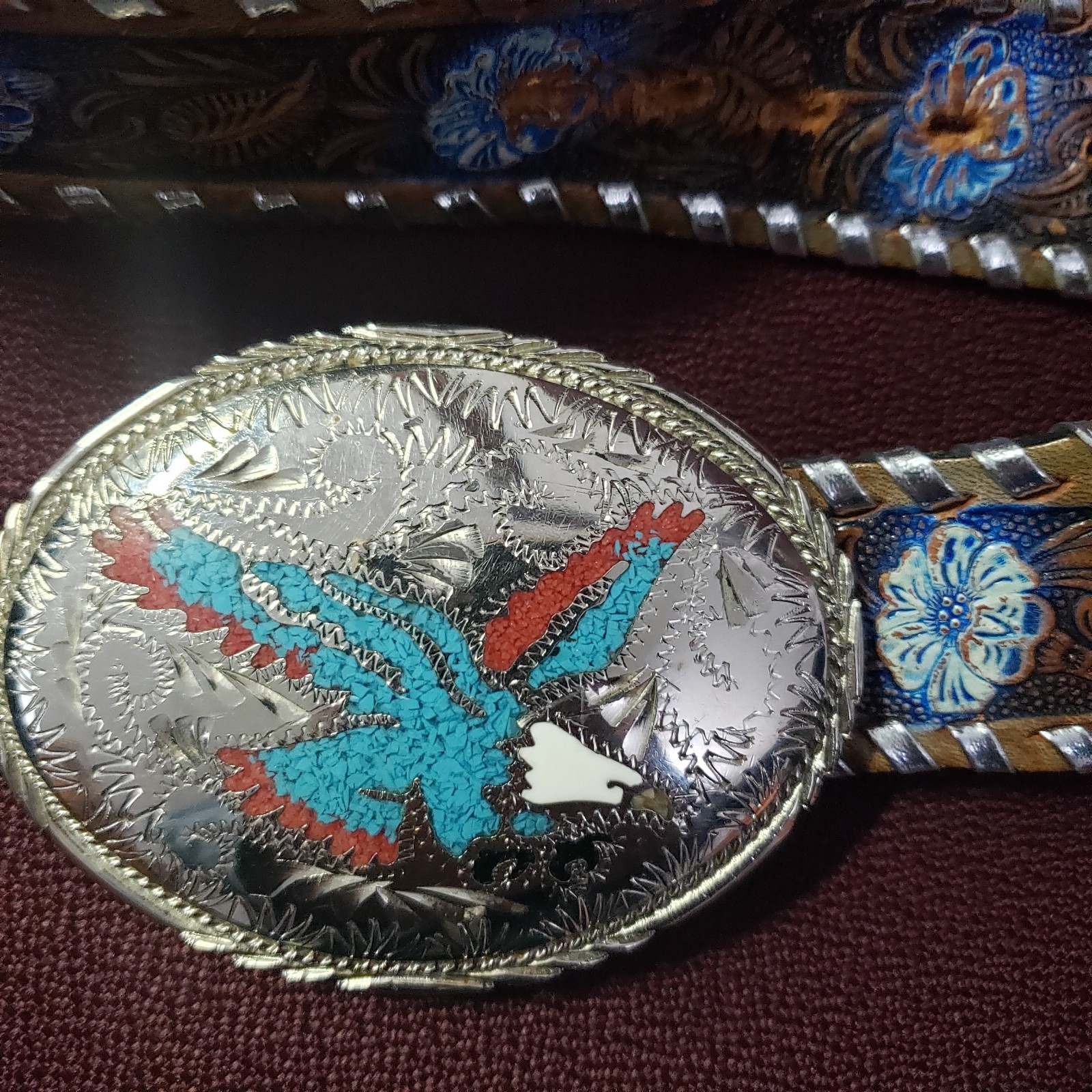 Silver Toned Metal Eagle Belt Buckle Leather Hand Tooled Belt Cowboy Rodeo READ