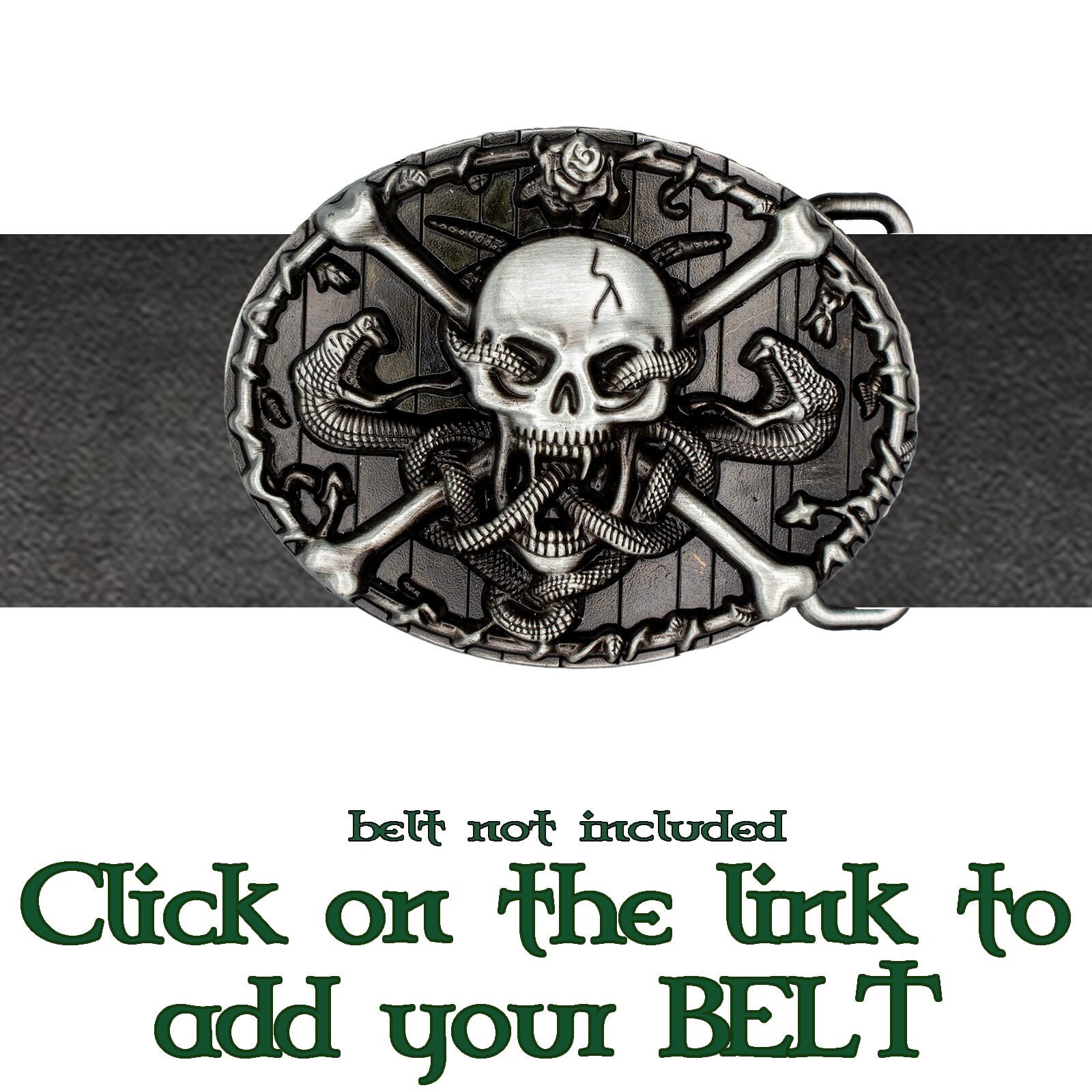 Skull & Crossbones Snake Belt Buckle Heavy Metal Biker Pewter Style Pirate
