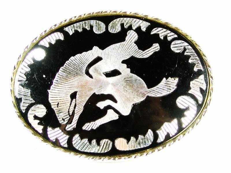 Cowboy Black Silvertone Broncho Busting Belt Buckle By W U.S.A. 32116