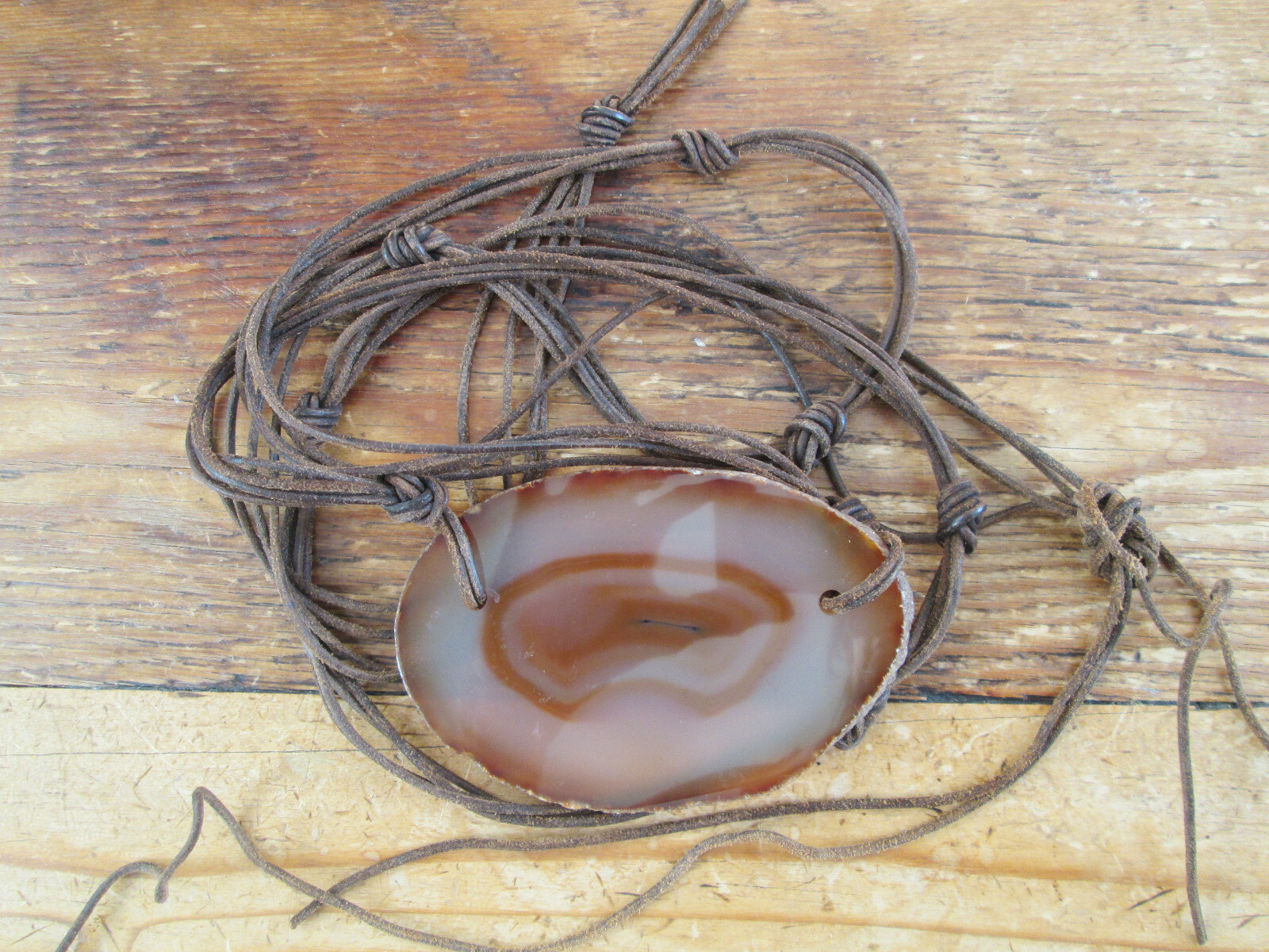 Brazilian Agate Slab Brown Geode and Brown Leather Boho Belt (or Necklace)
