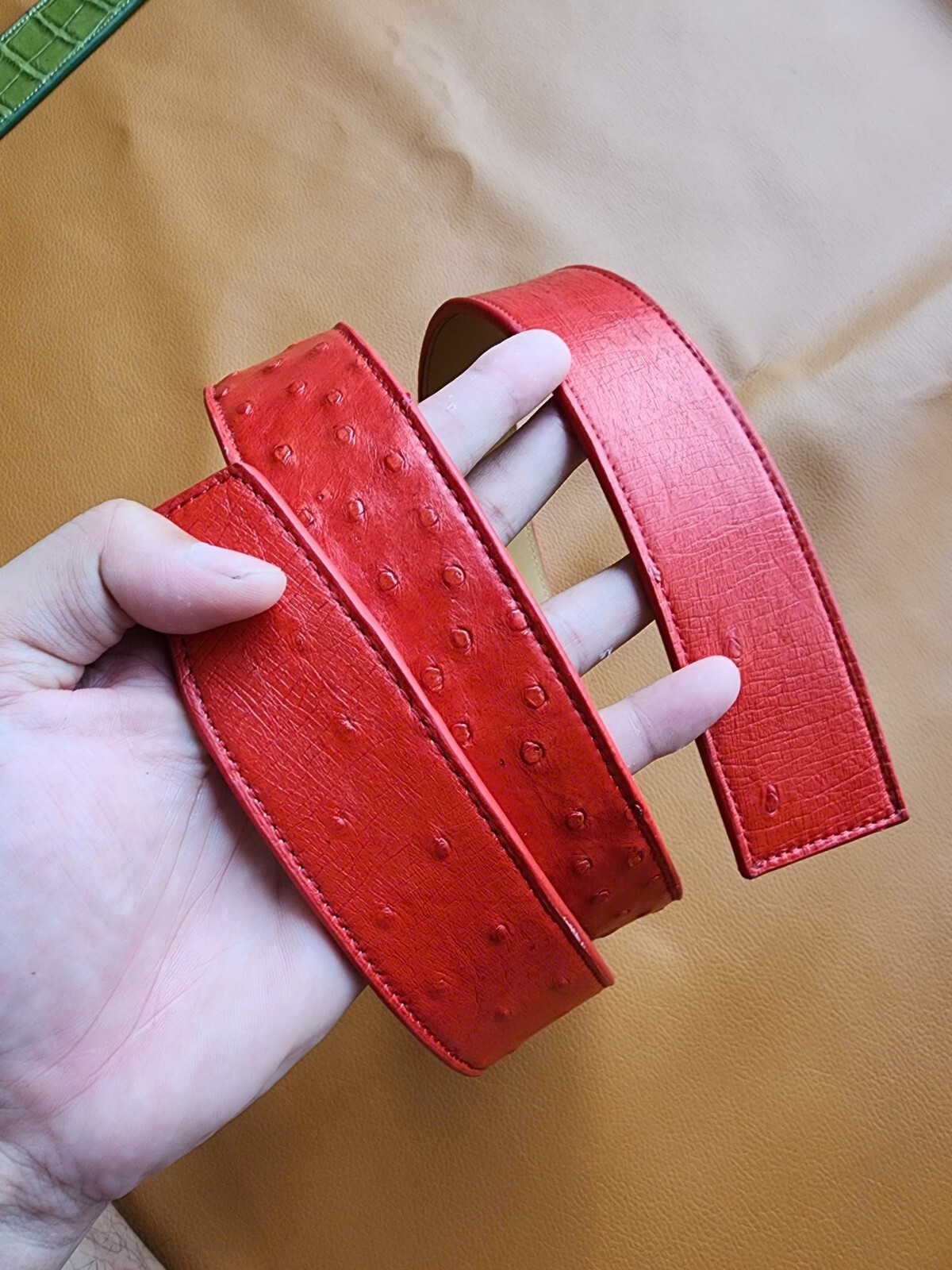 3.8CM Red 100% Genuine Body Ostrich Leather Skin Men Belt Buckle- Handmade