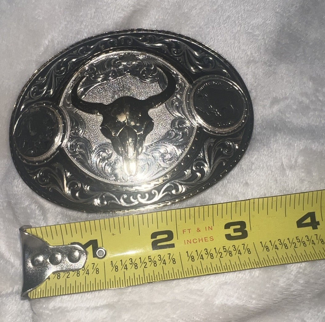 Montana Silversmiths Two-Tone Buffalo Nickel Belt Buckle Steer Head Skull Rodeo