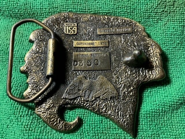 Limited Edition Vintage Indian Head Belt Buckle Brass and Enamel Fill – USA
