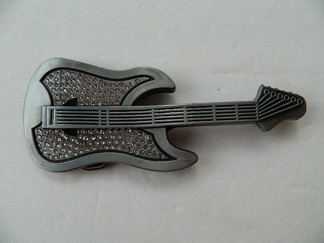 ELECTRIC GUITAR BELT BUCKLE ZINC ALLOY, PEWTER & FAUX DIAMOND, 5.5&Prime;, 3D SCULPTED
