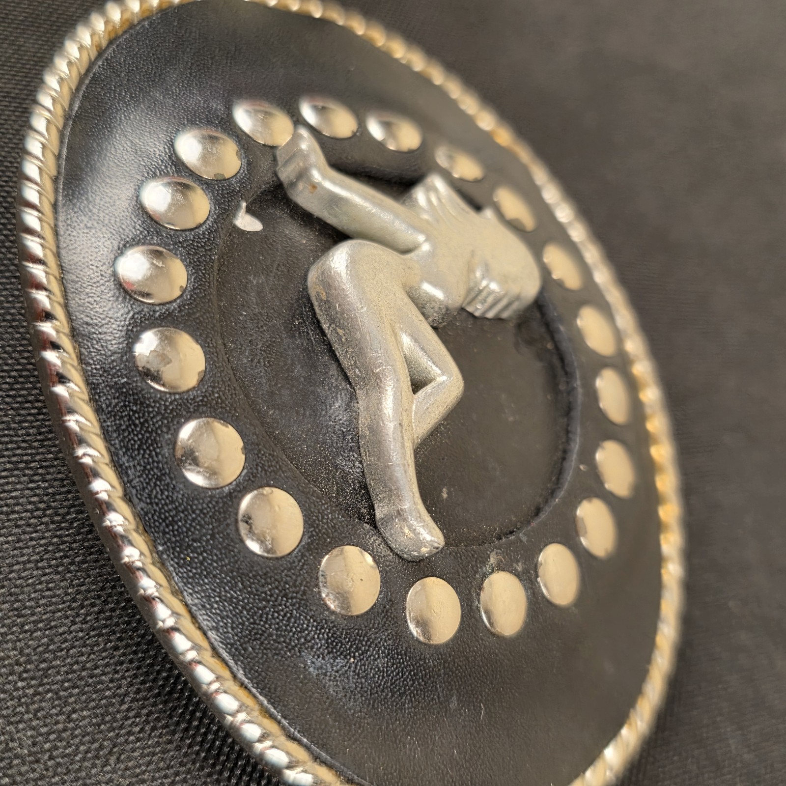 Vintage Trucker Girl Leather Belt Buckle Mudflap Silhouette Silver Studs Oval