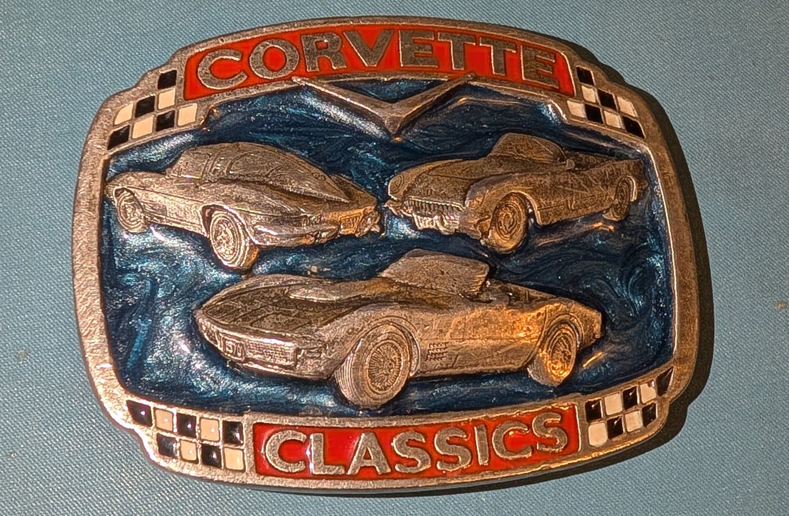VTG Corvette Classics Pewter Belt Buckle 1988, Great American Buckle Co enamel