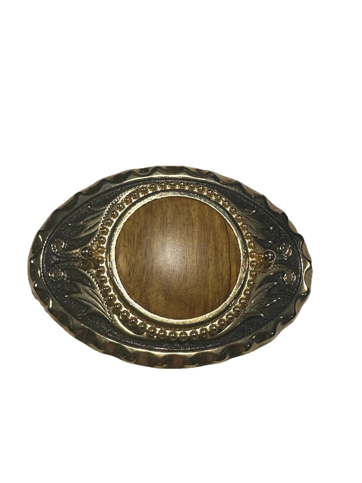 Western Belt Buckle Wood Gold Tone Men’s Unisex Cowboy VTG Cool Unique 3”