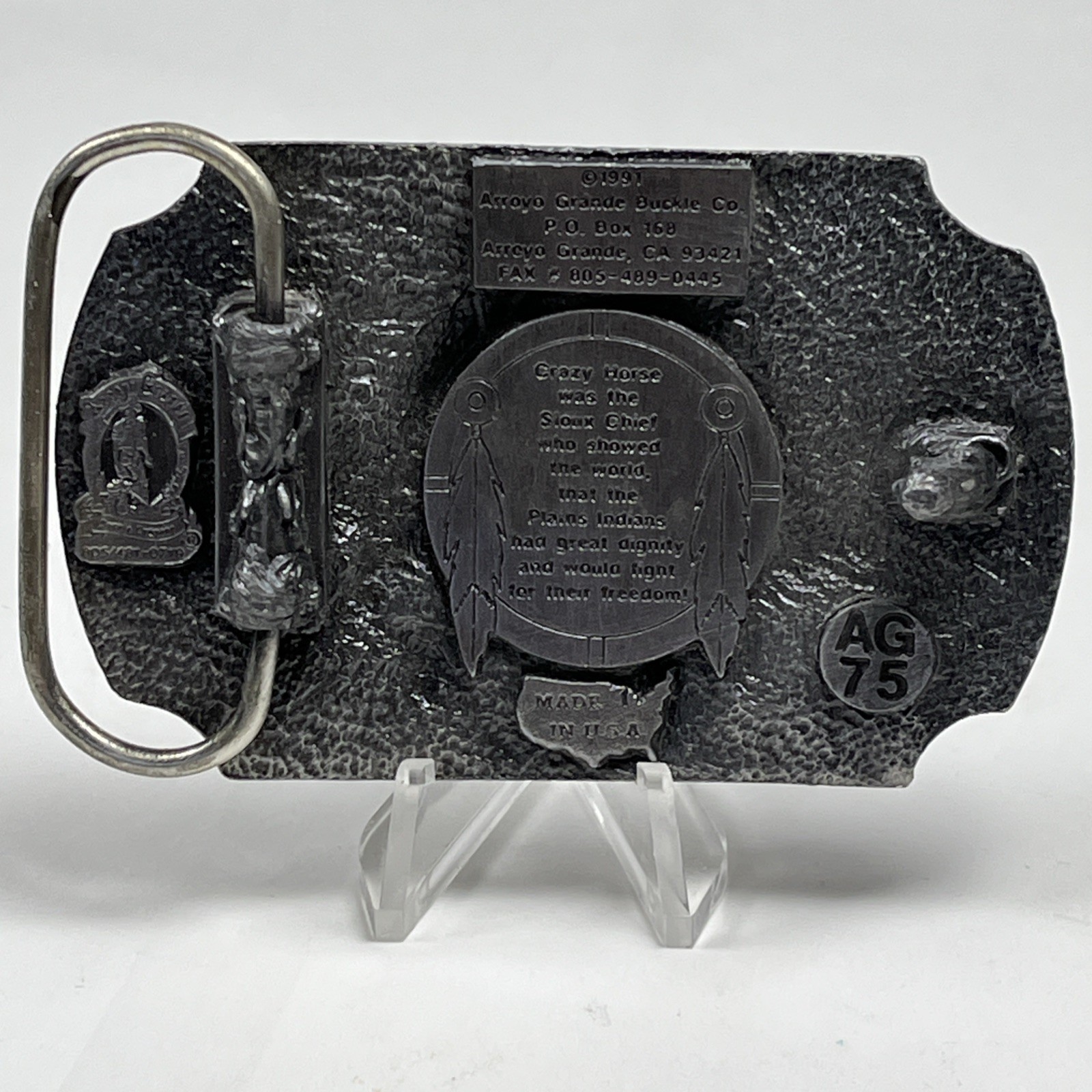 1991 Native American Crazy Horse Sioux Indian Chief Pewter Buckle Arroyo Grande