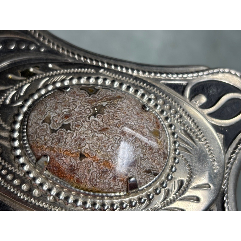 Vintage Western Silver Tone Lace Agate Stone Belt Buckle Scroll Floral Design