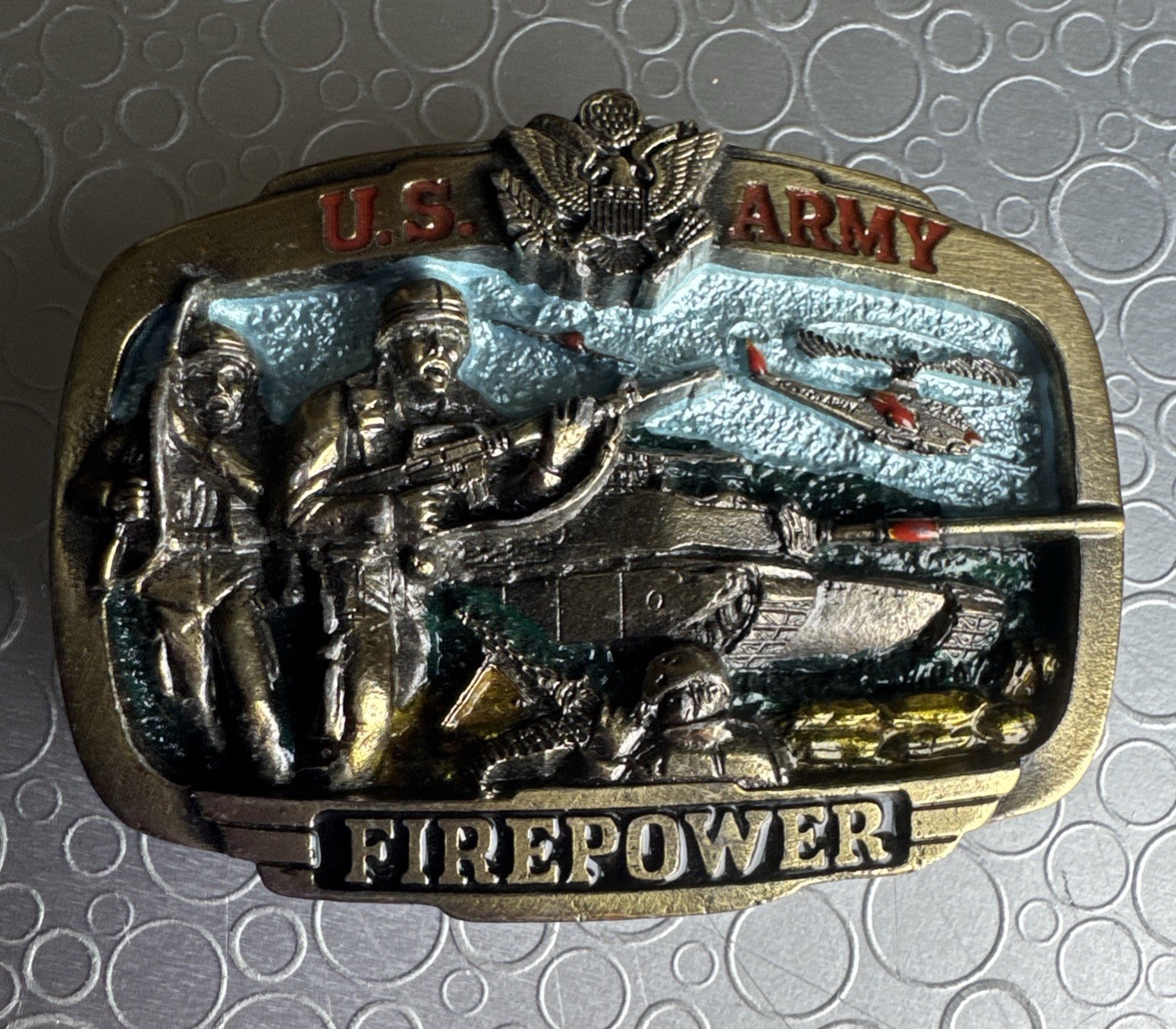 Vintage 1983 US Army Firepower Brass Belt Buckle Great American Co Serial H1071