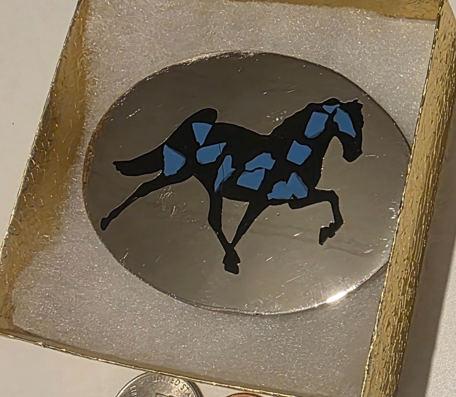 Vintage Metal Belt Buckle, Nice Chrome and Black Enamel, Blue Crushed Turquoise