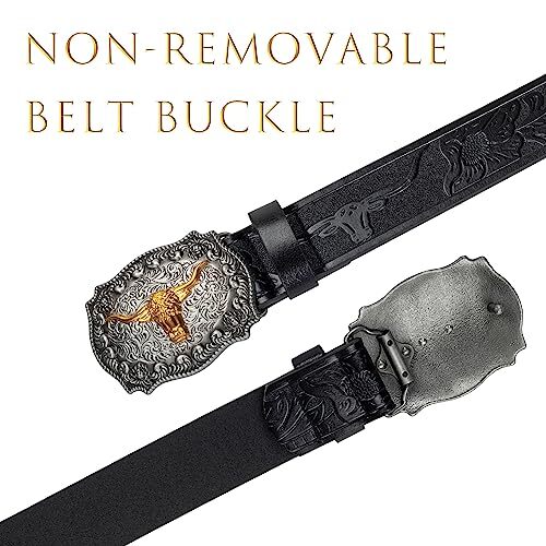 Mens-Western-Cowboy-Belt – Longhorn-Bull-Pattern Fit Waist 31-34 in Black